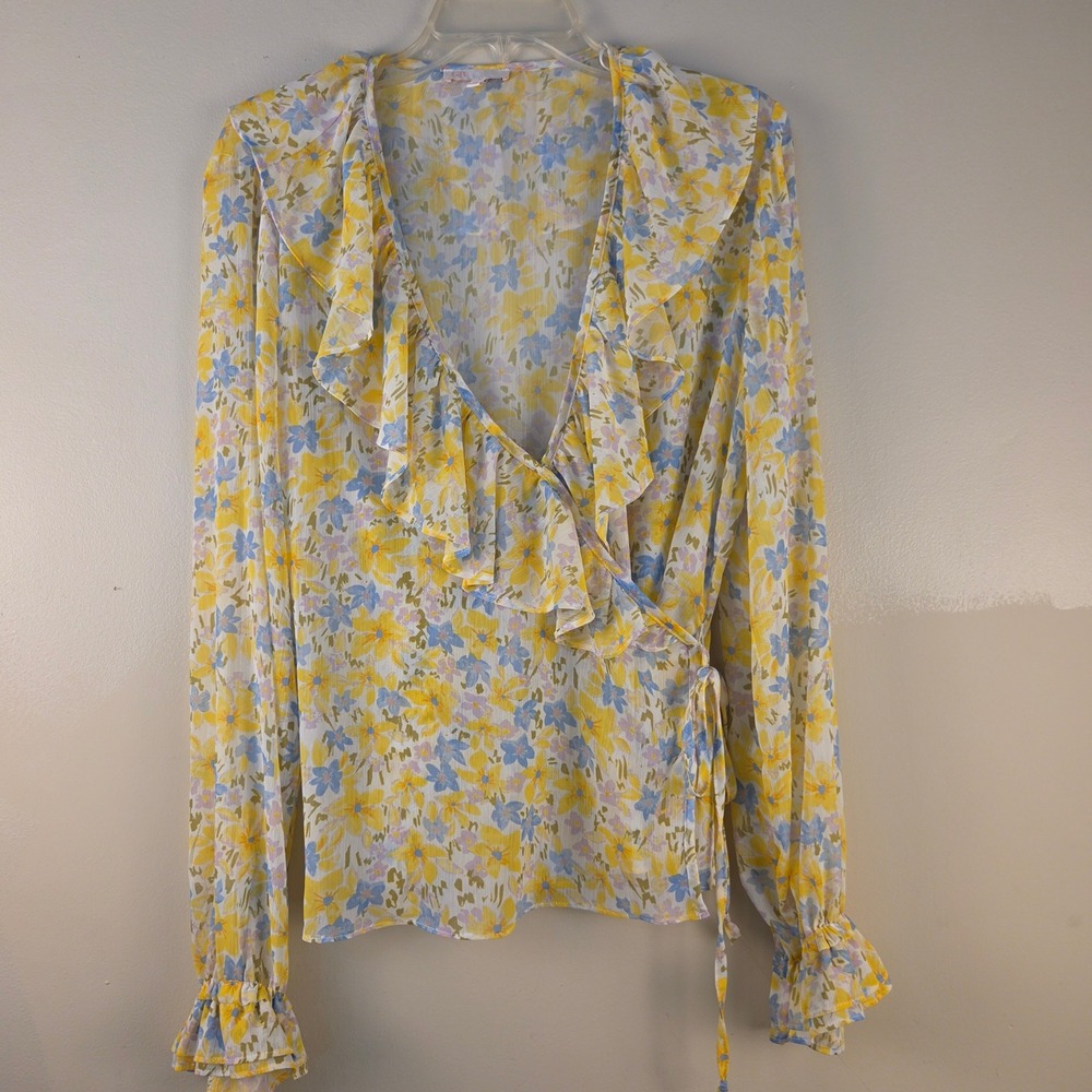 GB Womens Floral Ruffle Wrap Blouse Yellow Blue Long Sleeve Sheer Top XL